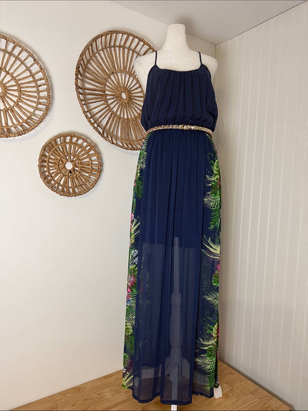 Candie's Navy Dress with Tropical Side Panels